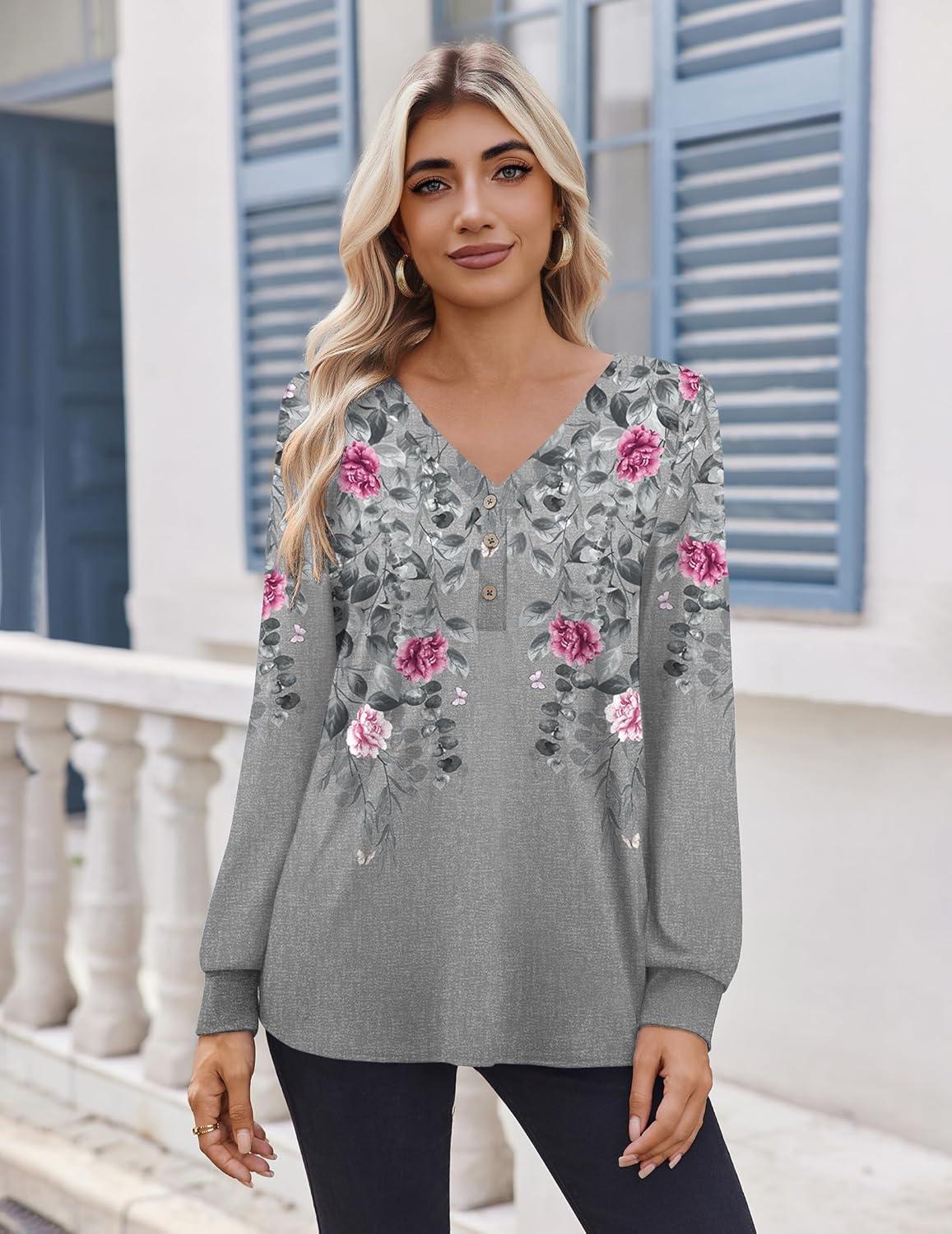 imageZeagoo Womens Long Sleeve Shirts V Neck Dressy Casual Tops Trendy Button Down Blouse Fall Fashion Work ClothesGrey Floral