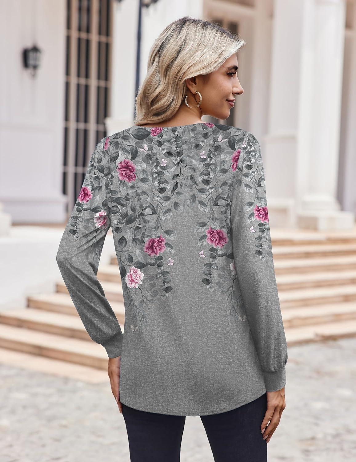 imageZeagoo Womens Long Sleeve Shirts V Neck Dressy Casual Tops Trendy Button Down Blouse Fall Fashion Work ClothesGrey Floral