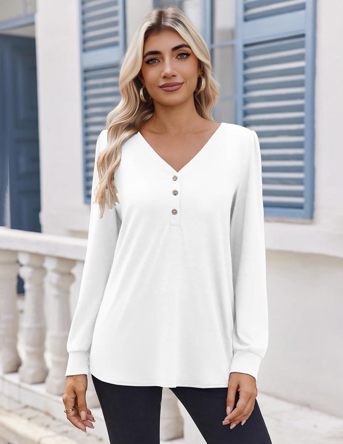 imageZeagoo Womens Long Sleeve Shirts V Neck Dressy Casual Tops Trendy Button Down Blouse Fall Fashion Work ClothesWhite