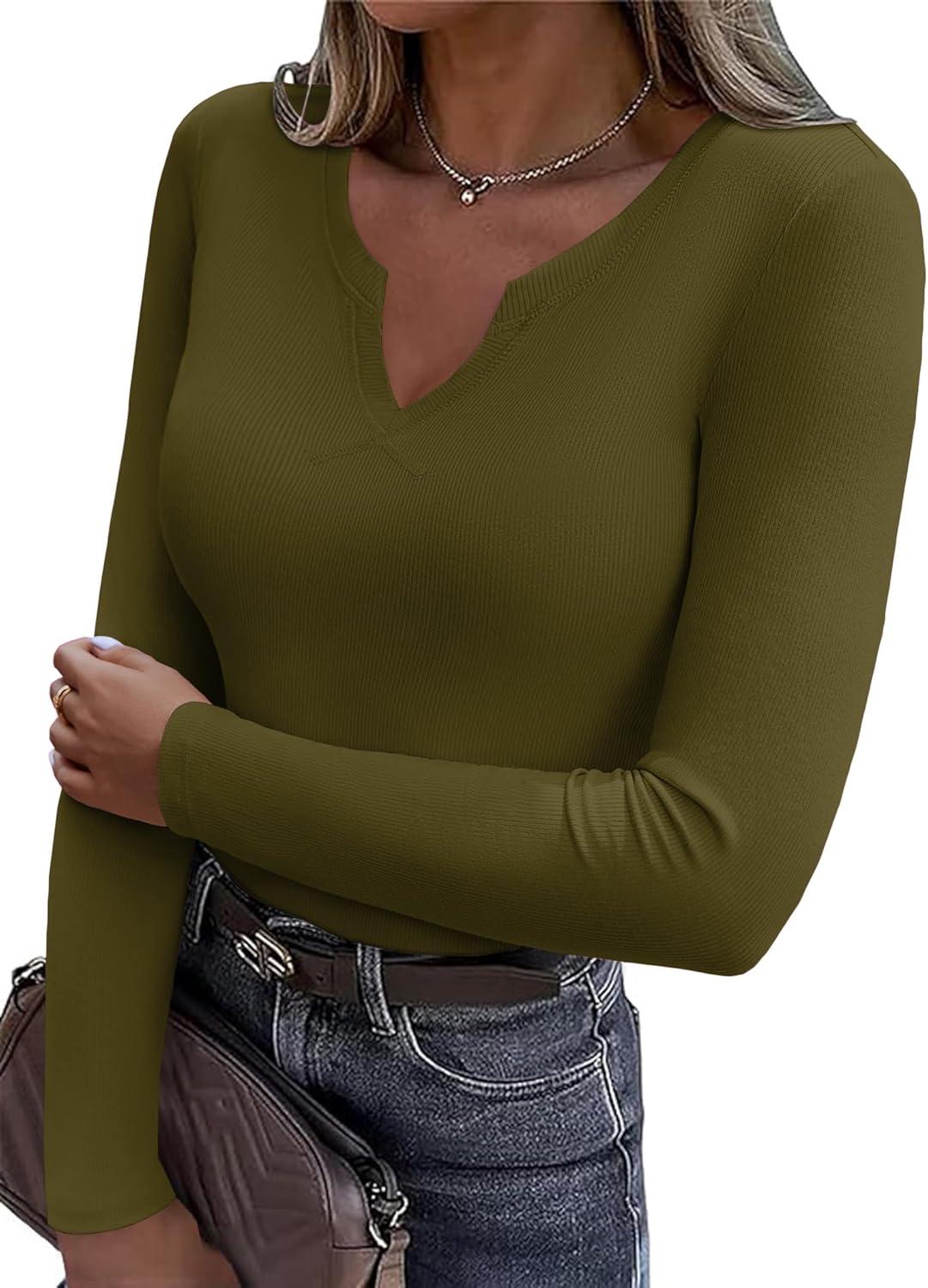 imageZeagoo Womens Long Sleeve Shirts VNeck Rib Knit Slim Fit Tops Casual Stretch Basic Tee Going Out Top Fall Fashion 2025Army Green
