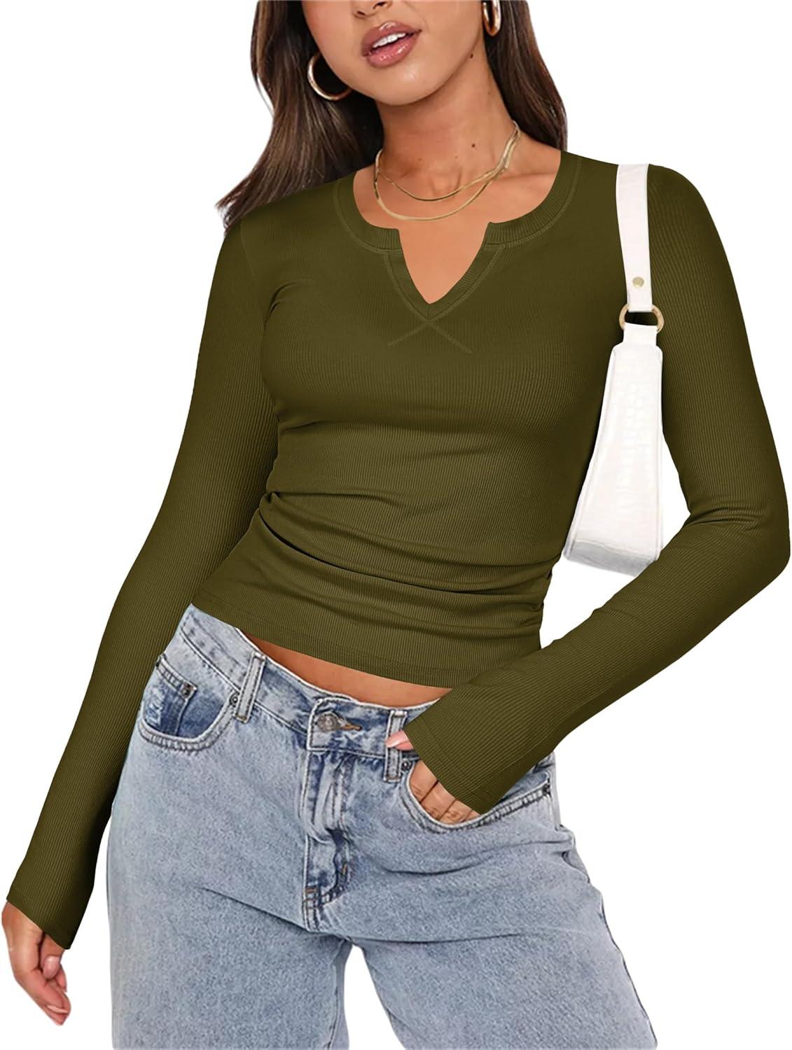 imageZeagoo Womens Long Sleeve Shirts VNeck Rib Knit Slim Fit Tops Casual Stretch Basic Tee Going Out Top Fall Fashion 2025Army Green