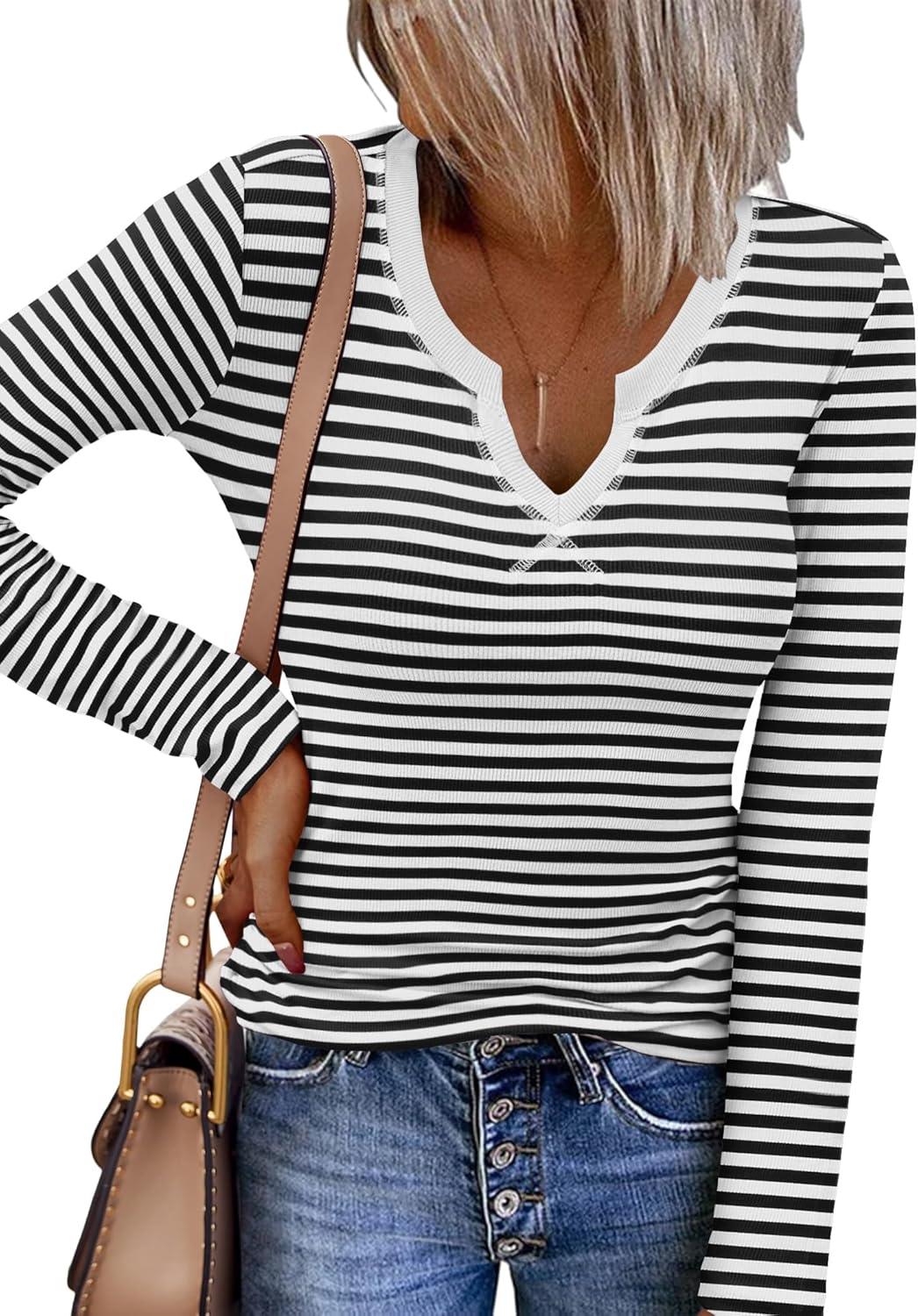 imageZeagoo Womens Long Sleeve Shirts VNeck Rib Knit Slim Fit Tops Casual Stretch Basic Tee Going Out Top Fall Fashion 2025Black White Stripe