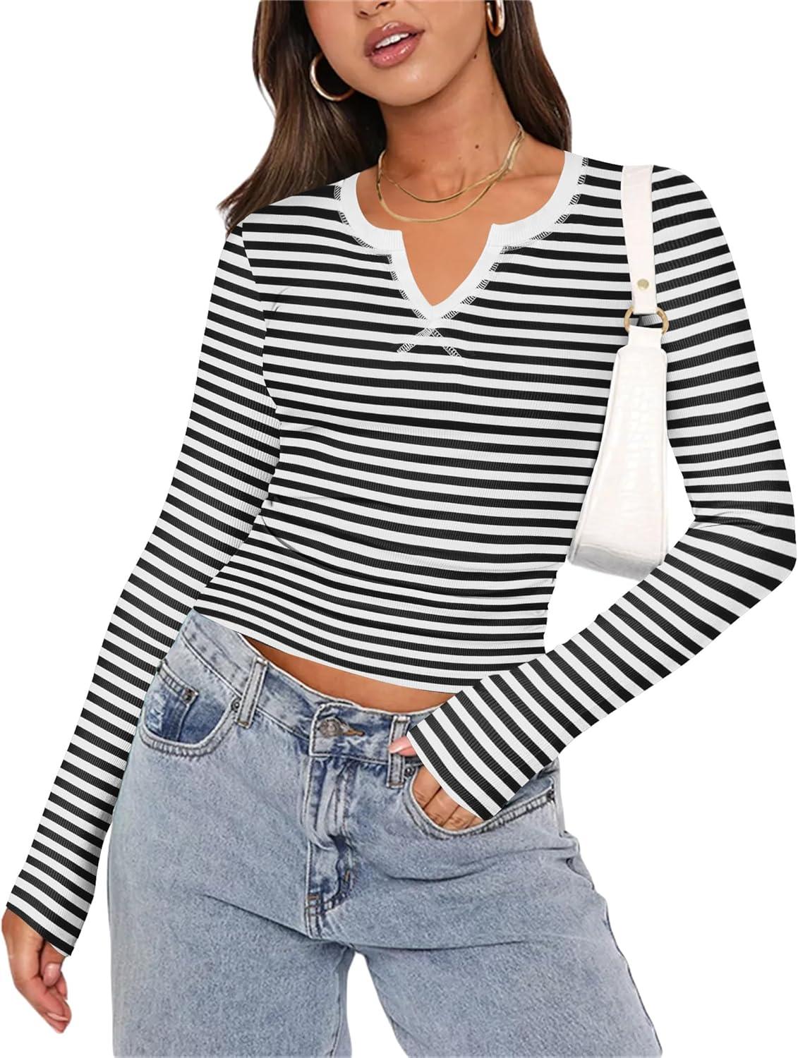 imageZeagoo Womens Long Sleeve Shirts VNeck Rib Knit Slim Fit Tops Casual Stretch Basic Tee Going Out Top Fall Fashion 2025Black White Stripe