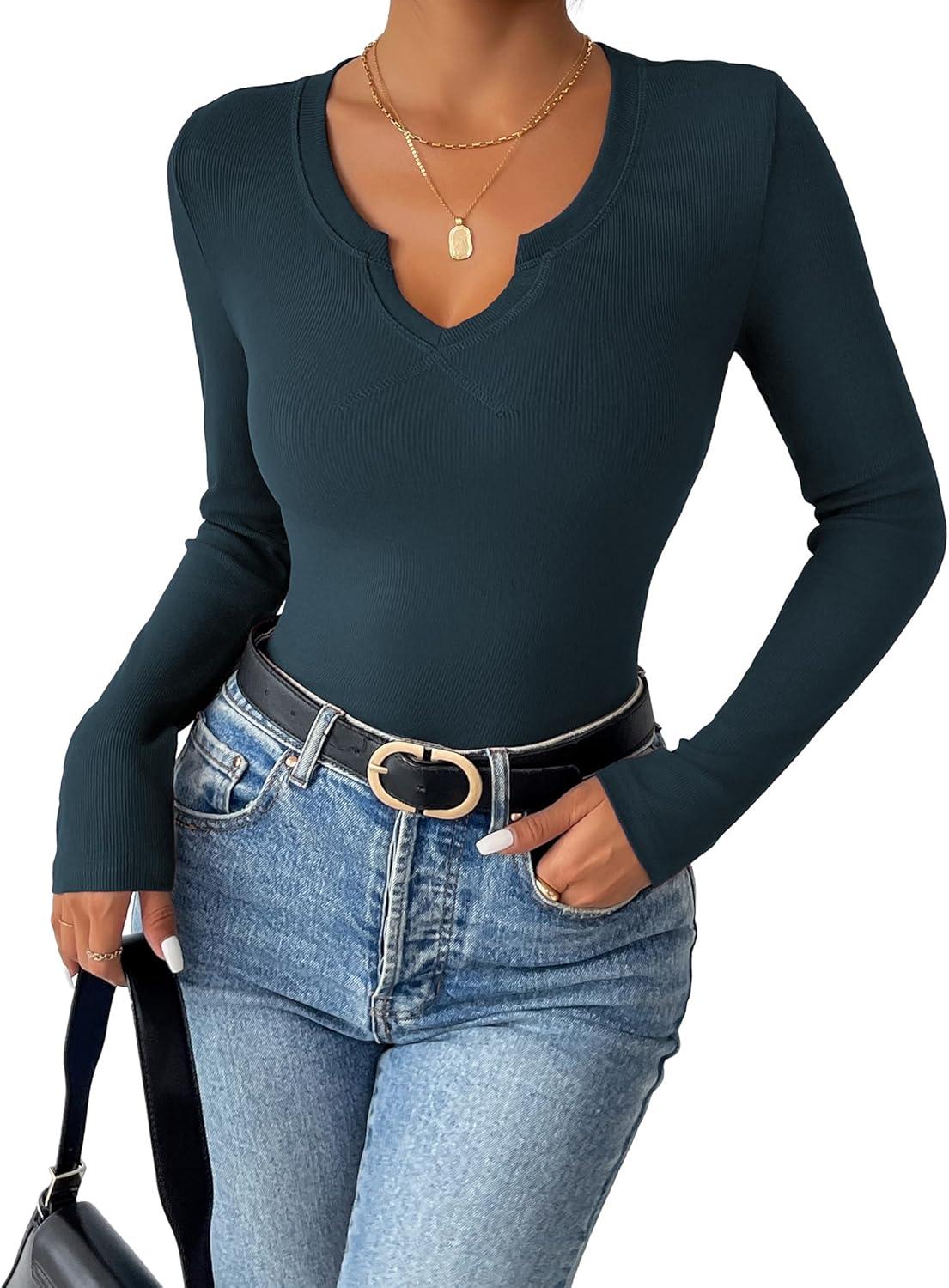 imageZeagoo Womens Long Sleeve Shirts VNeck Rib Knit Slim Fit Tops Casual Stretch Basic Tee Going Out Top Fall Fashion 2025Blue