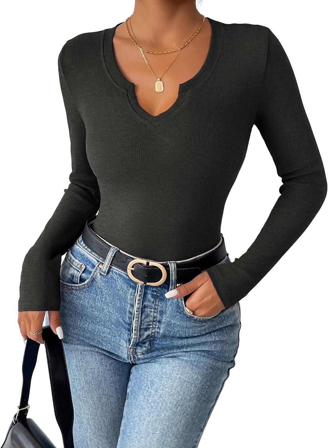 imageZeagoo Womens Long Sleeve Shirts VNeck Rib Knit Slim Fit Tops Casual Stretch Basic Tee Going Out Top Fall Fashion 2025Dark Grey