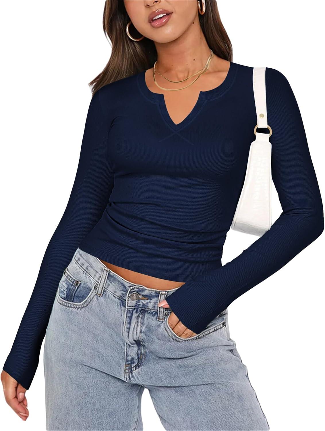 imageZeagoo Womens Long Sleeve Shirts VNeck Rib Knit Slim Fit Tops Casual Stretch Basic Tee Going Out Top Fall Fashion 2025Navy Blue
