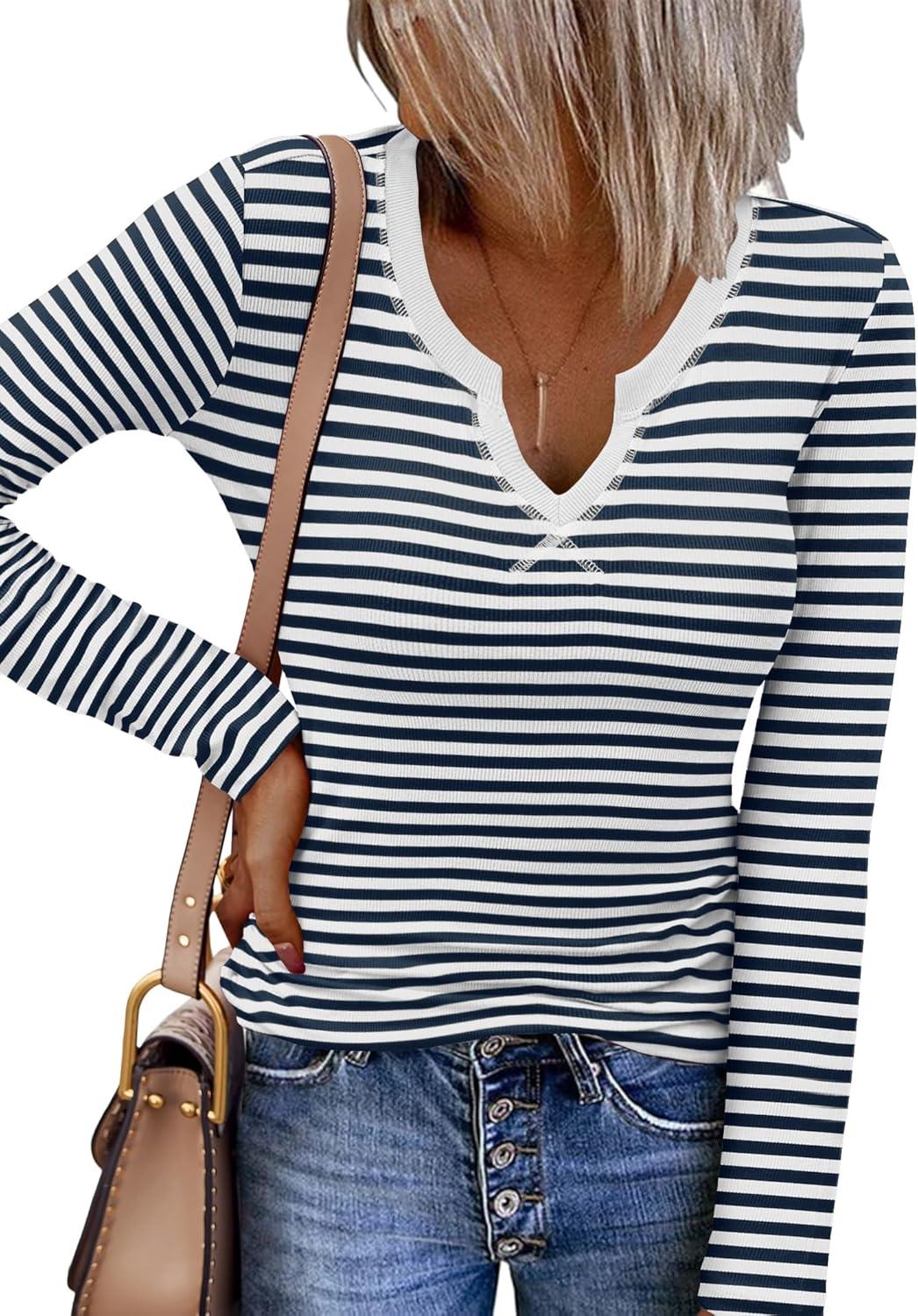 imageZeagoo Womens Long Sleeve Shirts VNeck Rib Knit Slim Fit Tops Casual Stretch Basic Tee Going Out Top Fall Fashion 2025Navy White Stripe
