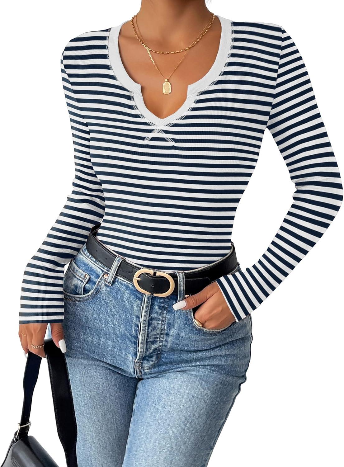 imageZeagoo Womens Long Sleeve Shirts VNeck Rib Knit Slim Fit Tops Casual Stretch Basic Tee Going Out Top Fall Fashion 2025Navy White Stripe