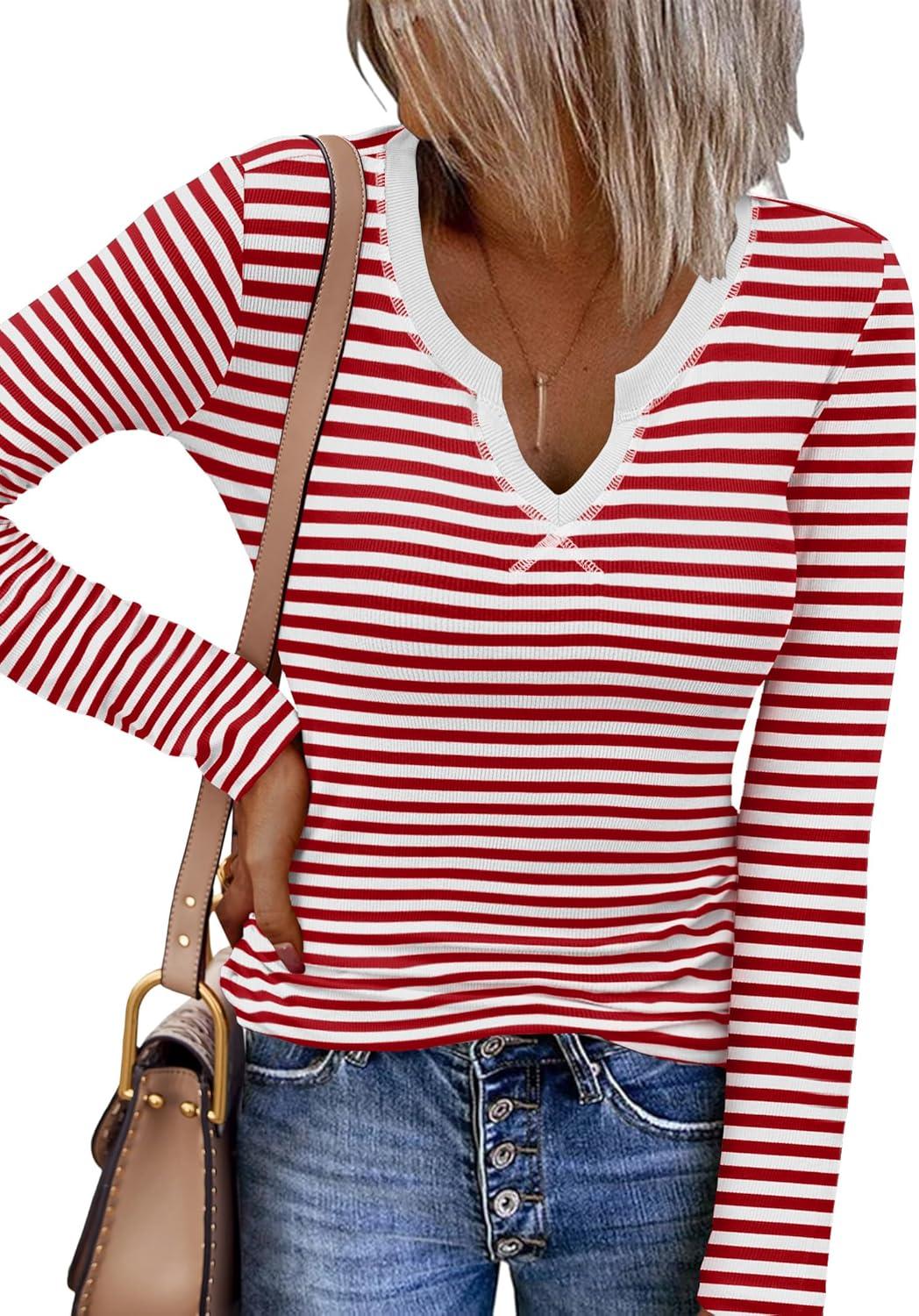 imageZeagoo Womens Long Sleeve Shirts VNeck Rib Knit Slim Fit Tops Casual Stretch Basic Tee Going Out Top Fall Fashion 2025Red White Stripe