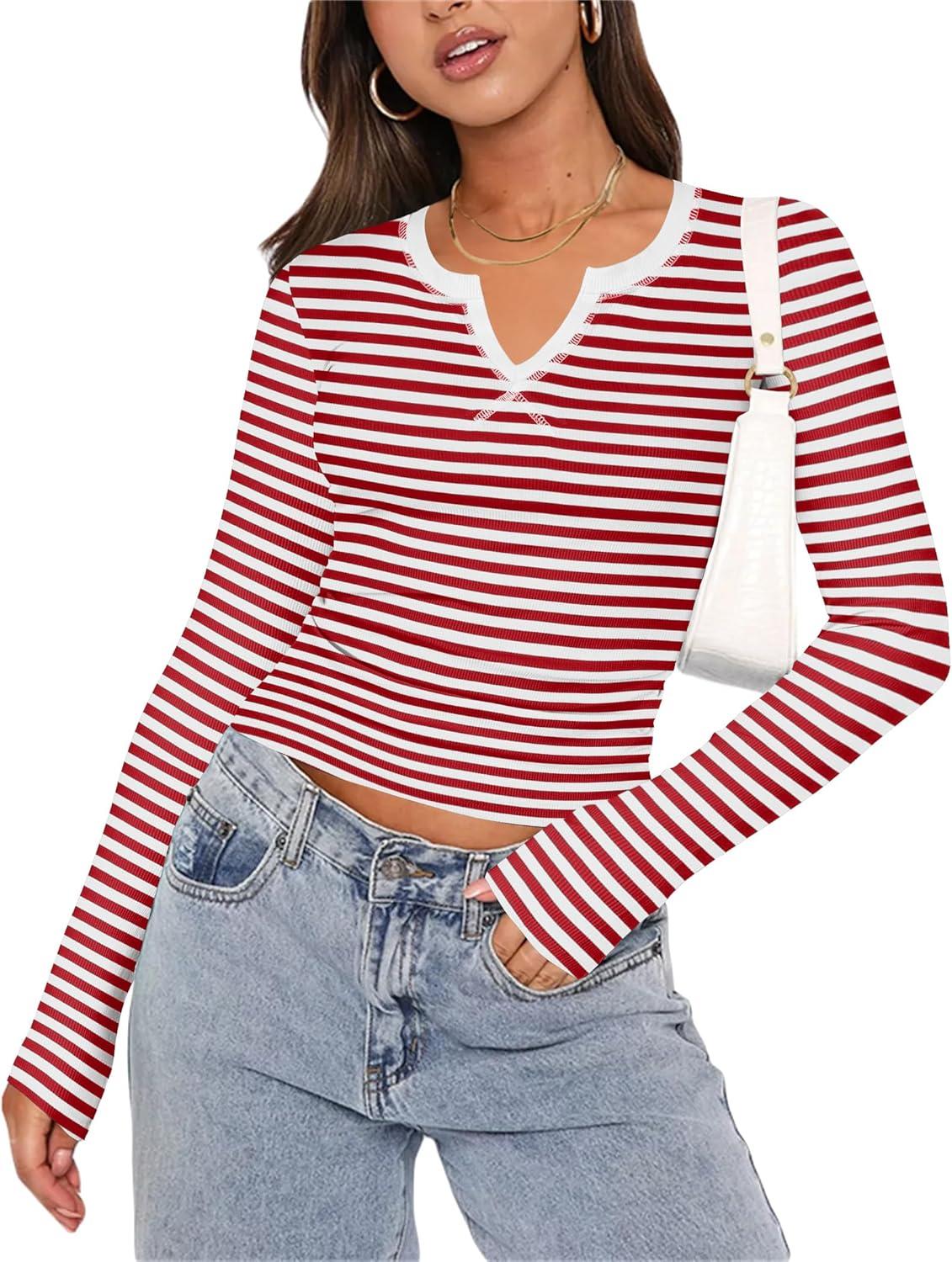 imageZeagoo Womens Long Sleeve Shirts VNeck Rib Knit Slim Fit Tops Casual Stretch Basic Tee Going Out Top Fall Fashion 2025Red White Stripe