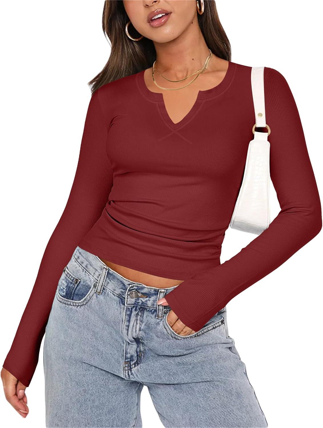 imageZeagoo Womens Long Sleeve Shirts VNeck Rib Knit Slim Fit Tops Casual Stretch Basic Tee Going Out Top Fall Fashion 2025Wine Red
