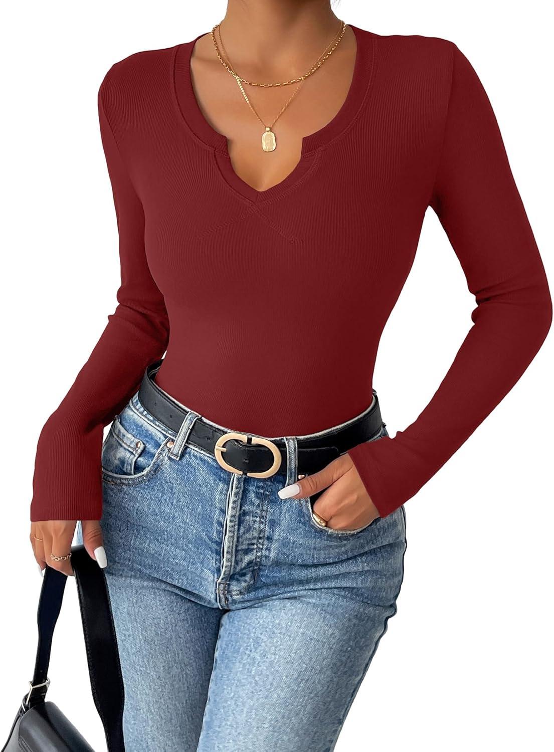 imageZeagoo Womens Long Sleeve Shirts VNeck Rib Knit Slim Fit Tops Casual Stretch Basic Tee Going Out Top Fall Fashion 2025Wine Red