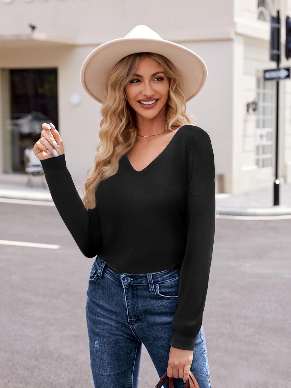 imageZeagoo Womens Long Sleeve T Shirts V Neck Soft Basic Tee Loose Fit Casual Tops Winter ClothingBlack