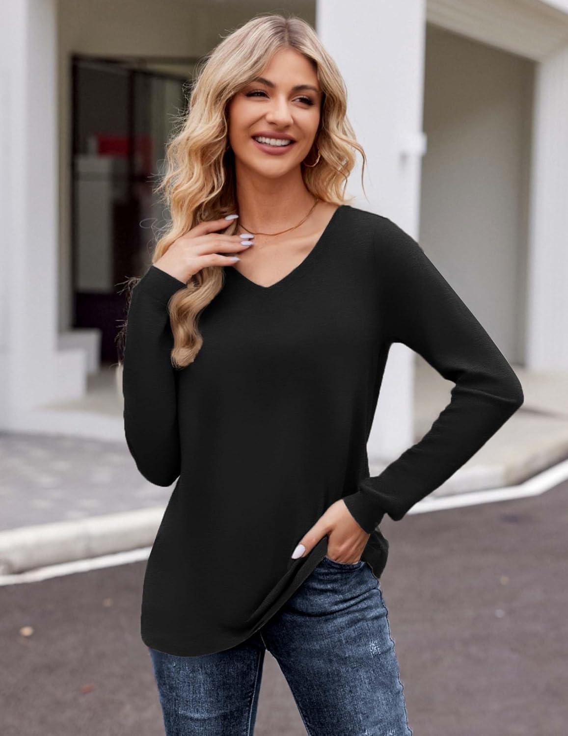 imageZeagoo Womens Long Sleeve T Shirts V Neck Soft Basic Tee Loose Fit Casual Tops Winter ClothingBlack