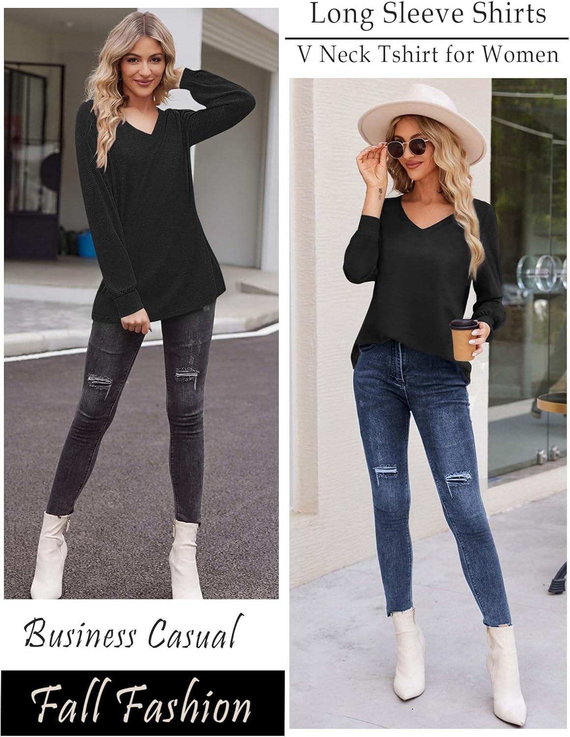 imageZeagoo Womens Long Sleeve T Shirts V Neck Soft Basic Tee Loose Fit Casual Tops Winter ClothingBlack