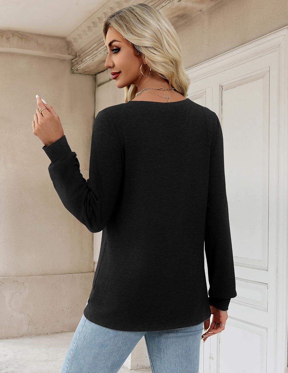 imageZeagoo Womens Long Sleeve T Shirts V Neck Soft Basic Tee Loose Fit Casual Tops Winter ClothingBlack