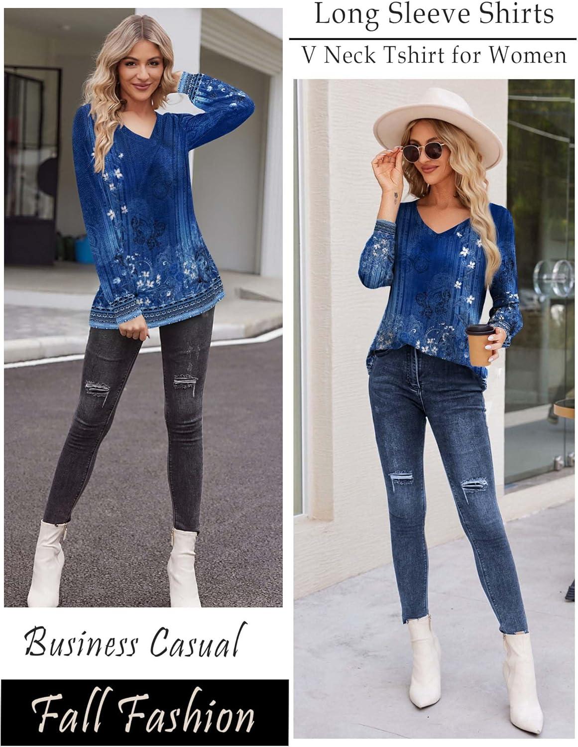 imageZeagoo Womens Long Sleeve T Shirts V Neck Soft Basic Tee Loose Fit Casual Tops Winter ClothingBlue