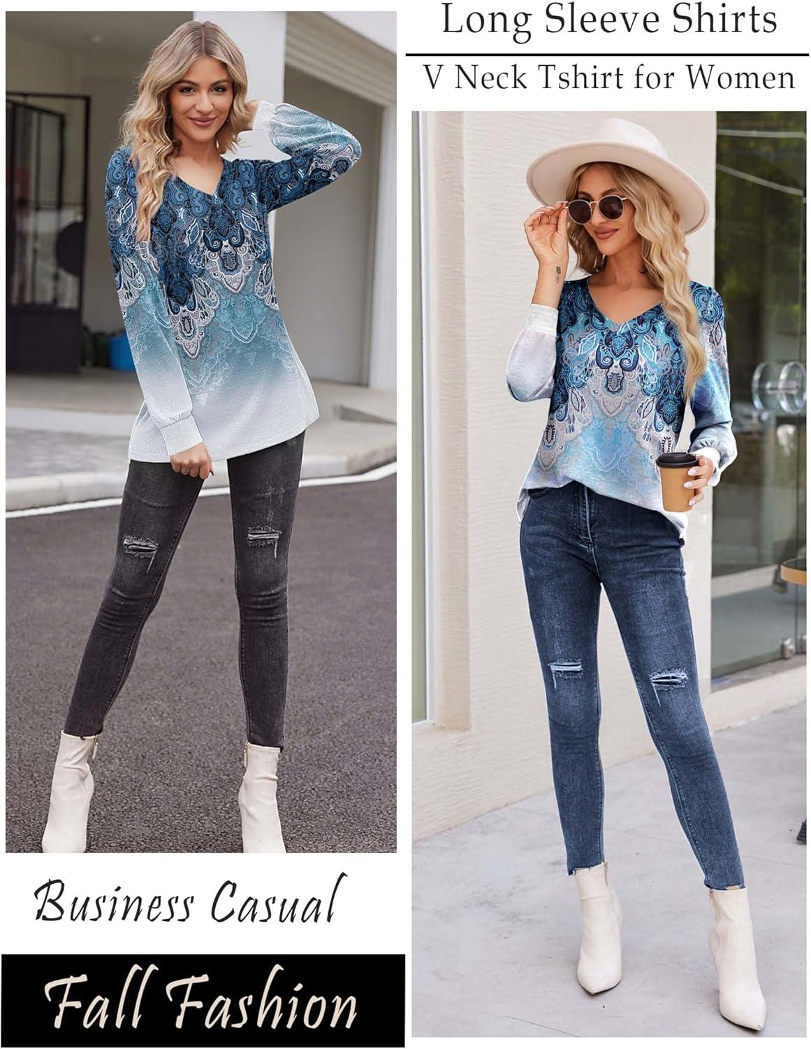 imageZeagoo Womens Long Sleeve T Shirts V Neck Soft Basic Tee Loose Fit Casual Tops Winter ClothingBoho Blue