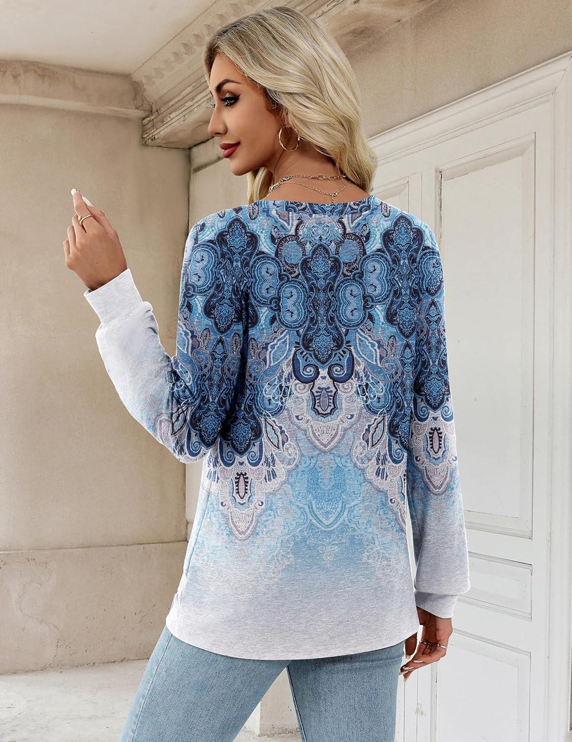 imageZeagoo Womens Long Sleeve T Shirts V Neck Soft Basic Tee Loose Fit Casual Tops Winter ClothingBoho Blue