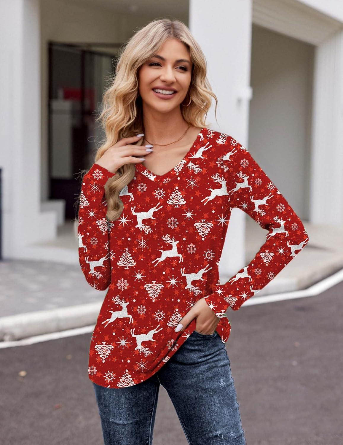 imageZeagoo Womens Long Sleeve T Shirts V Neck Soft Basic Tee Loose Fit Casual Tops Winter ClothingChristmas Red