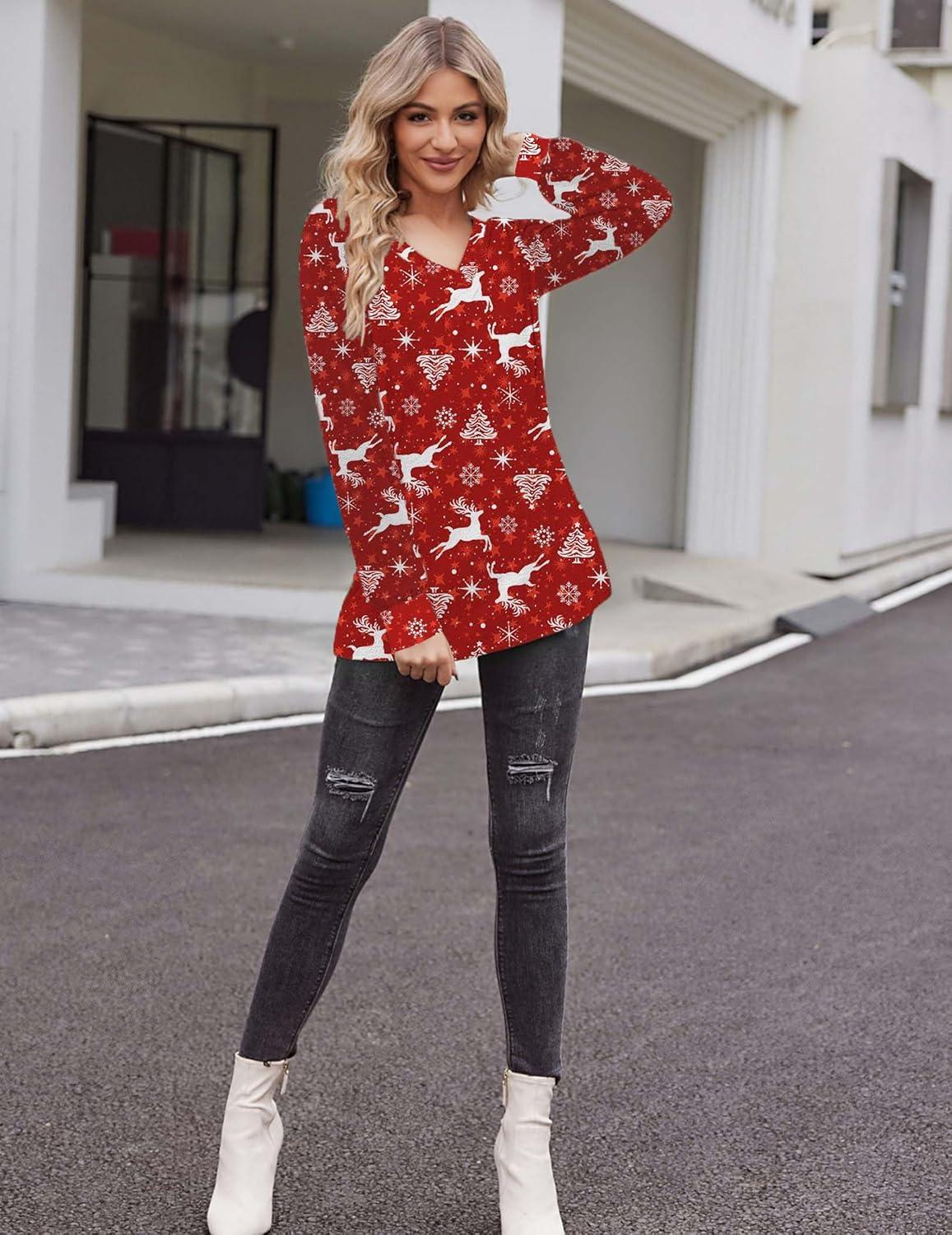 imageZeagoo Womens Long Sleeve T Shirts V Neck Soft Basic Tee Loose Fit Casual Tops Winter ClothingChristmas Red