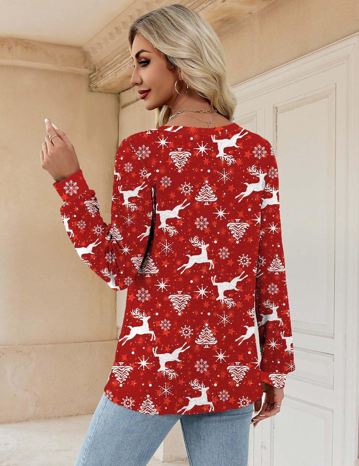 imageZeagoo Womens Long Sleeve T Shirts V Neck Soft Basic Tee Loose Fit Casual Tops Winter ClothingChristmas Red