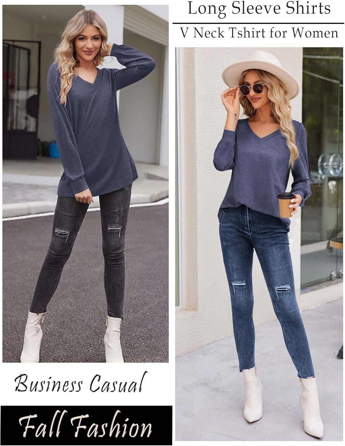 imageZeagoo Womens Long Sleeve T Shirts V Neck Soft Basic Tee Loose Fit Casual Tops Winter ClothingNavy Blue