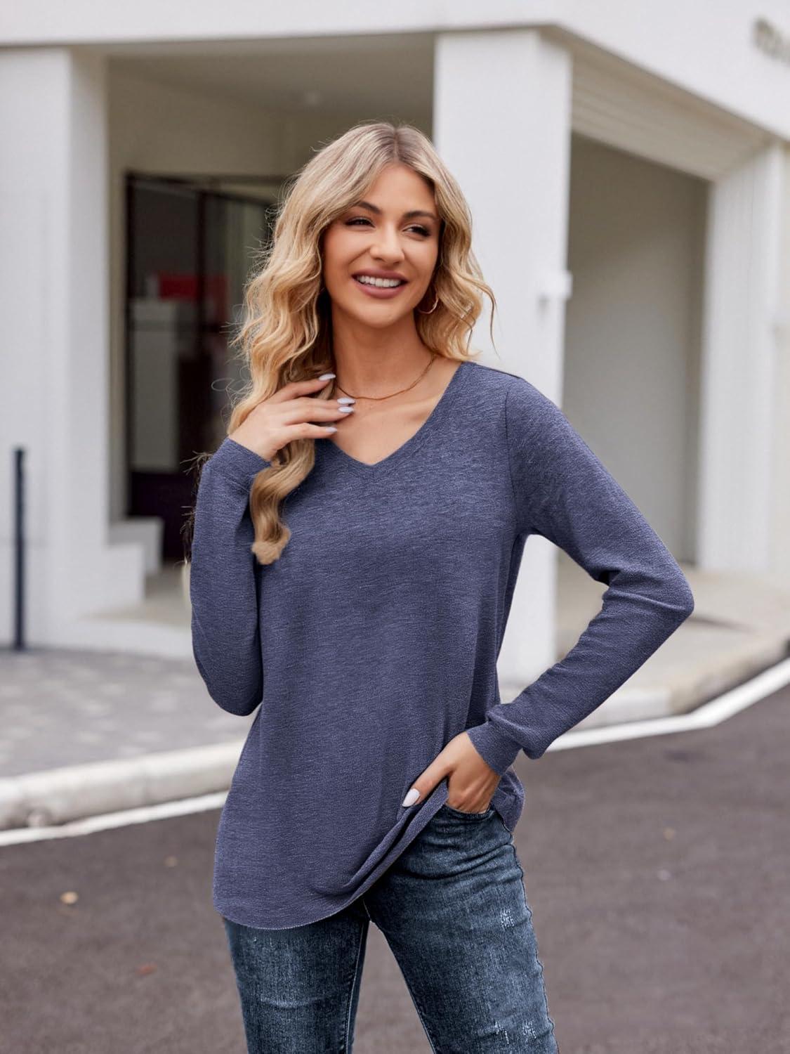 imageZeagoo Womens Long Sleeve T Shirts V Neck Soft Basic Tee Loose Fit Casual Tops Winter ClothingNavy Blue