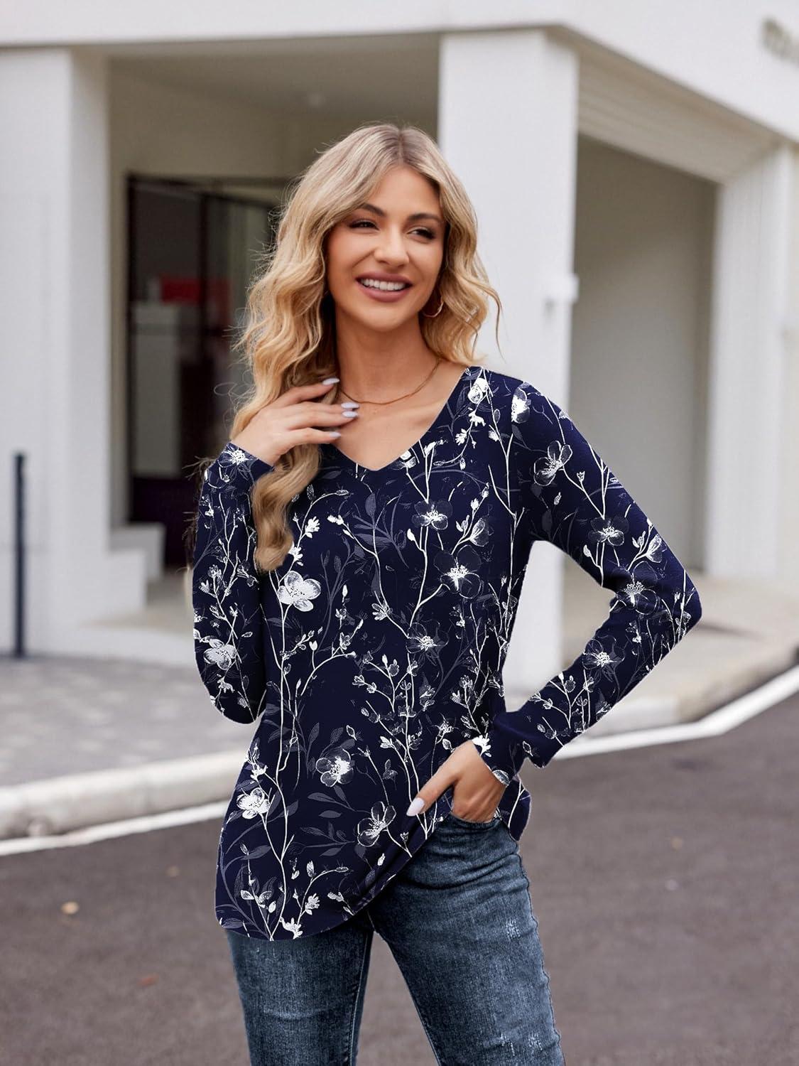 imageZeagoo Womens Long Sleeve T Shirts V Neck Soft Basic Tee Loose Fit Casual Tops Winter ClothingNavy Floral 180