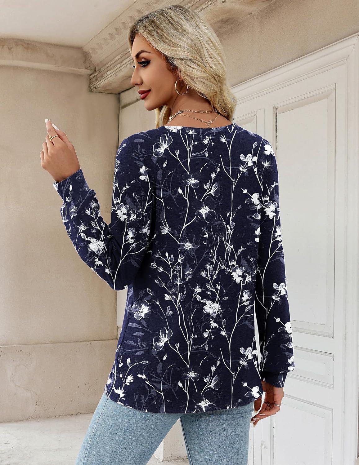 imageZeagoo Womens Long Sleeve T Shirts V Neck Soft Basic Tee Loose Fit Casual Tops Winter ClothingNavy Floral 180