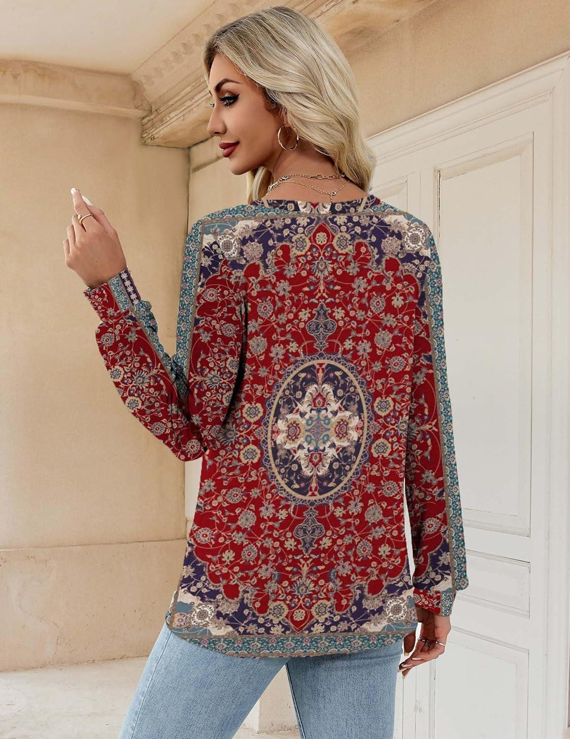 imageZeagoo Womens Long Sleeve T Shirts V Neck Soft Basic Tee Loose Fit Casual Tops Winter ClothingRed Pattern Mz870