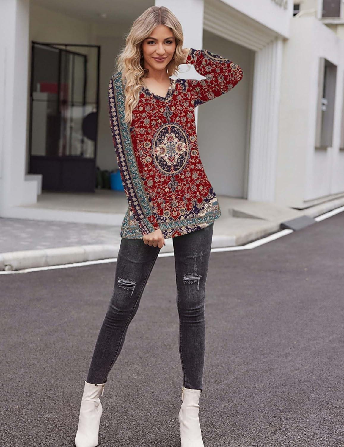 imageZeagoo Womens Long Sleeve T Shirts V Neck Soft Basic Tee Loose Fit Casual Tops Winter ClothingRed Pattern Mz870
