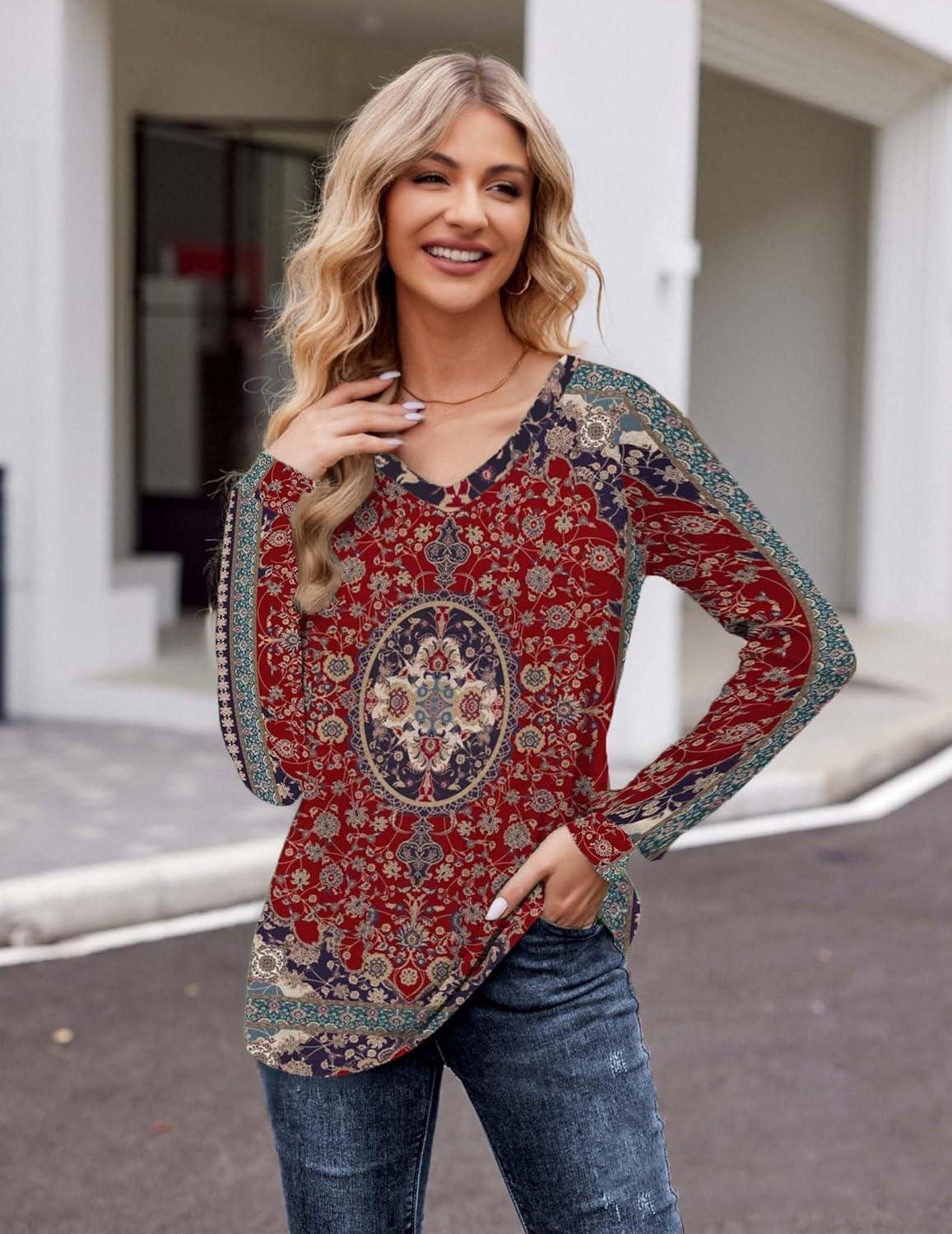imageZeagoo Womens Long Sleeve T Shirts V Neck Soft Basic Tee Loose Fit Casual Tops Winter ClothingRed Pattern Mz870