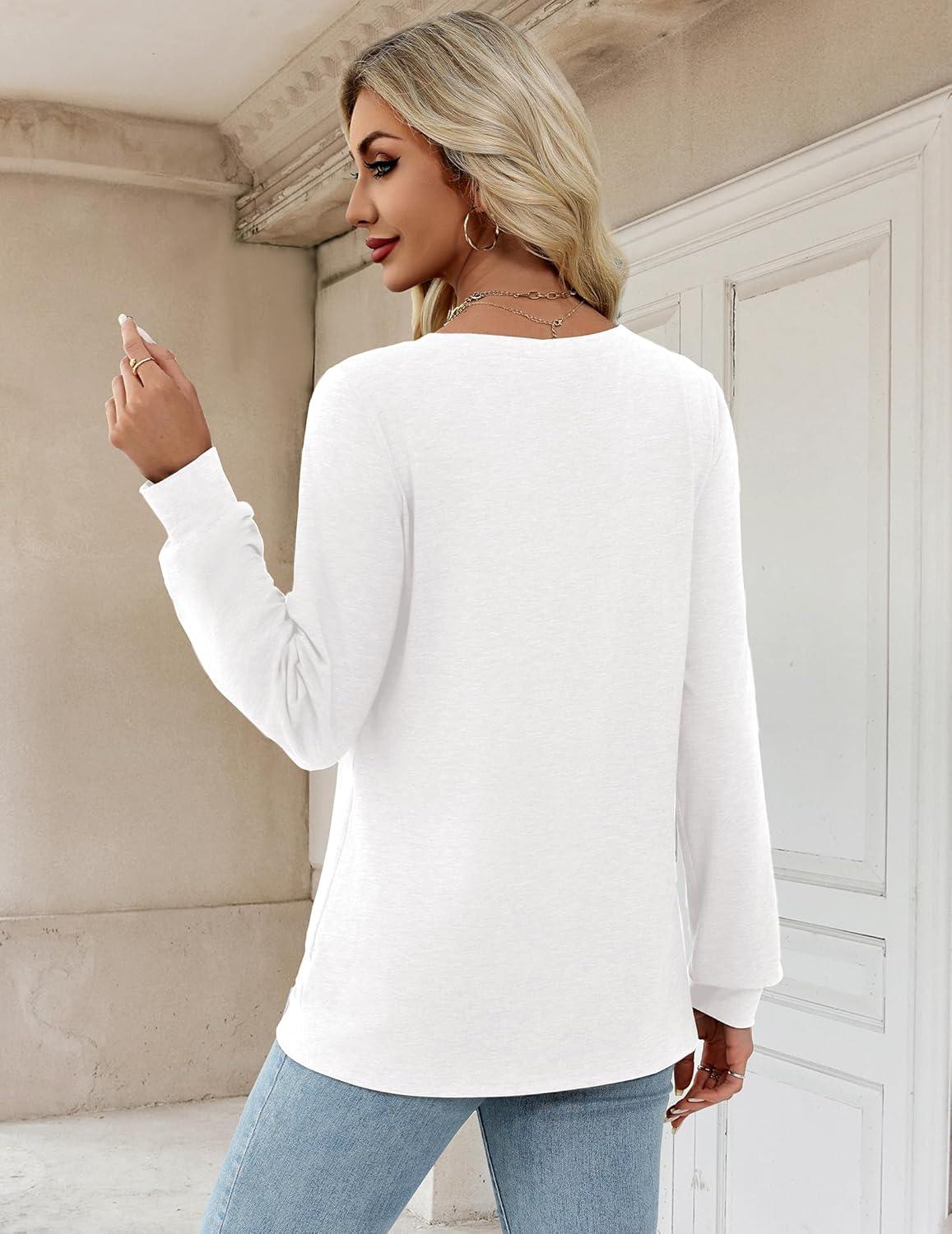 imageZeagoo Womens Long Sleeve T Shirts V Neck Soft Basic Tee Loose Fit Casual Tops Winter ClothingWhite