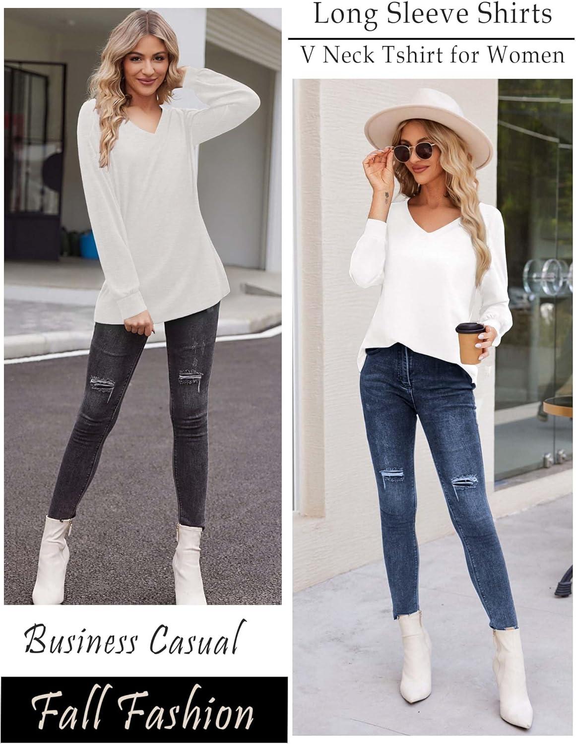 imageZeagoo Womens Long Sleeve T Shirts V Neck Soft Basic Tee Loose Fit Casual Tops Winter ClothingWhite