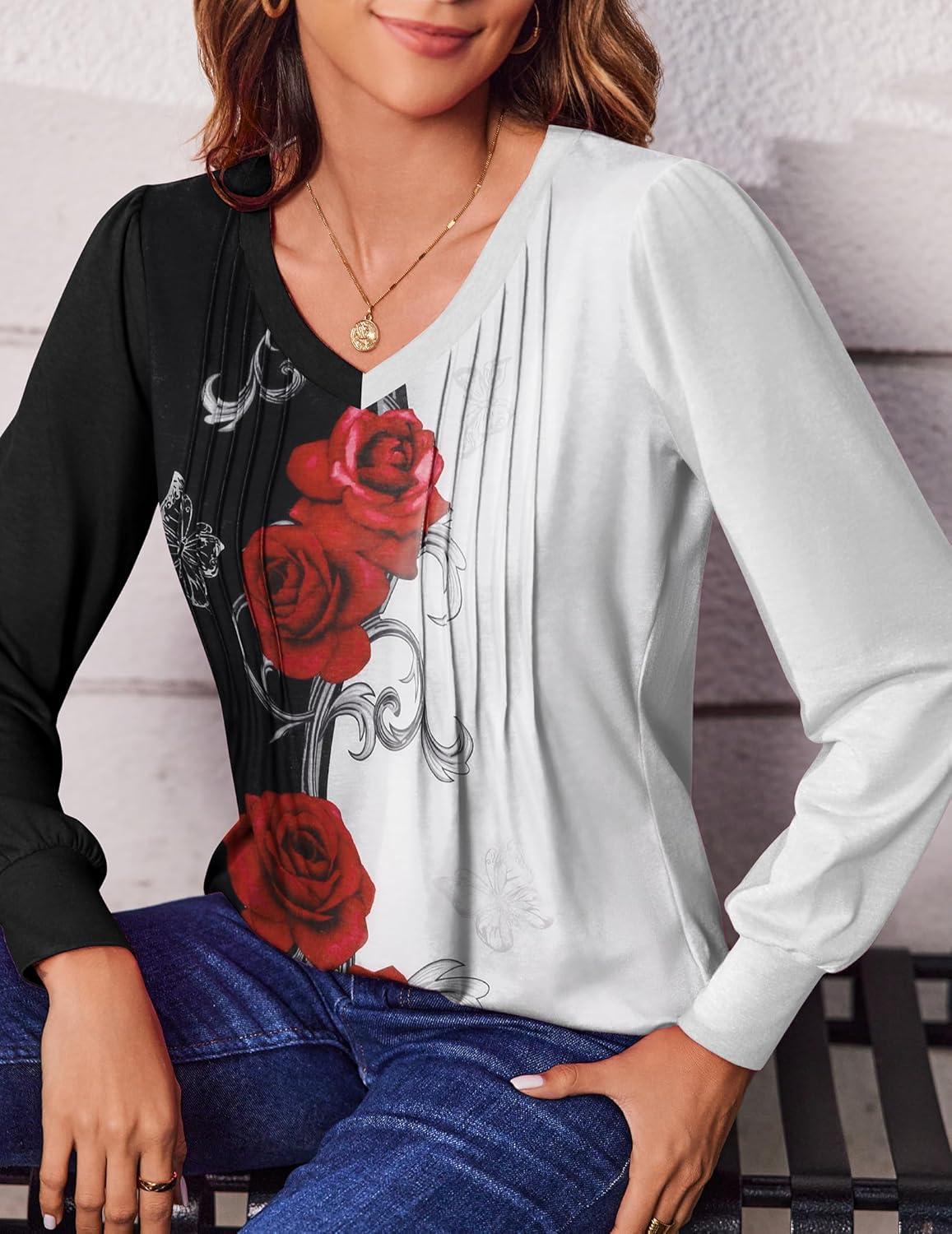 imageZeagoo Womens Puff Long Sleeve Shirts Pleated V Neck Fall Tunic Tops Blouse Dressy Casual Summer TShirtsBf101