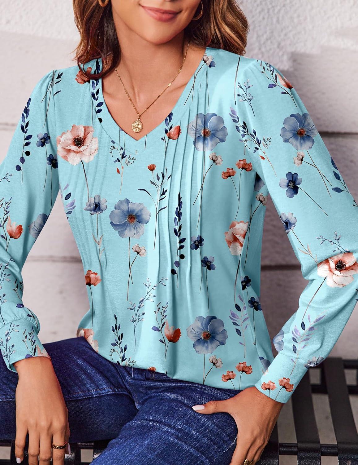 imageZeagoo Womens Puff Long Sleeve Shirts Pleated V Neck Fall Tunic Tops Blouse Dressy Casual Summer TShirtsBf139