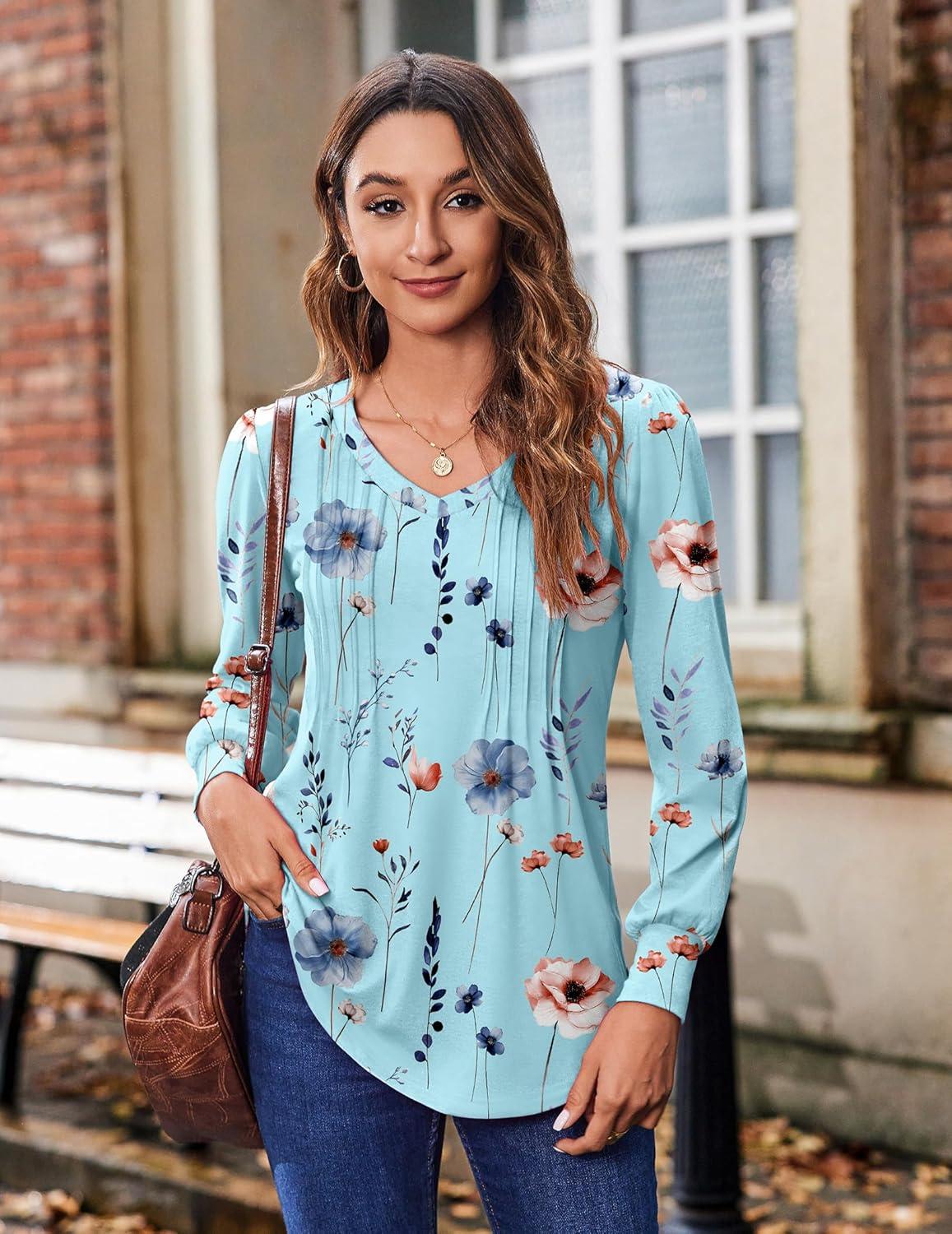 imageZeagoo Womens Puff Long Sleeve Shirts Pleated V Neck Fall Tunic Tops Blouse Dressy Casual Summer TShirtsBf139
