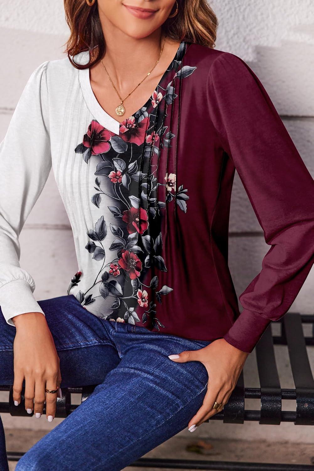 imageZeagoo Womens Puff Long Sleeve Shirts Pleated V Neck Fall Tunic Tops Blouse Dressy Casual Summer TShirtsBf183