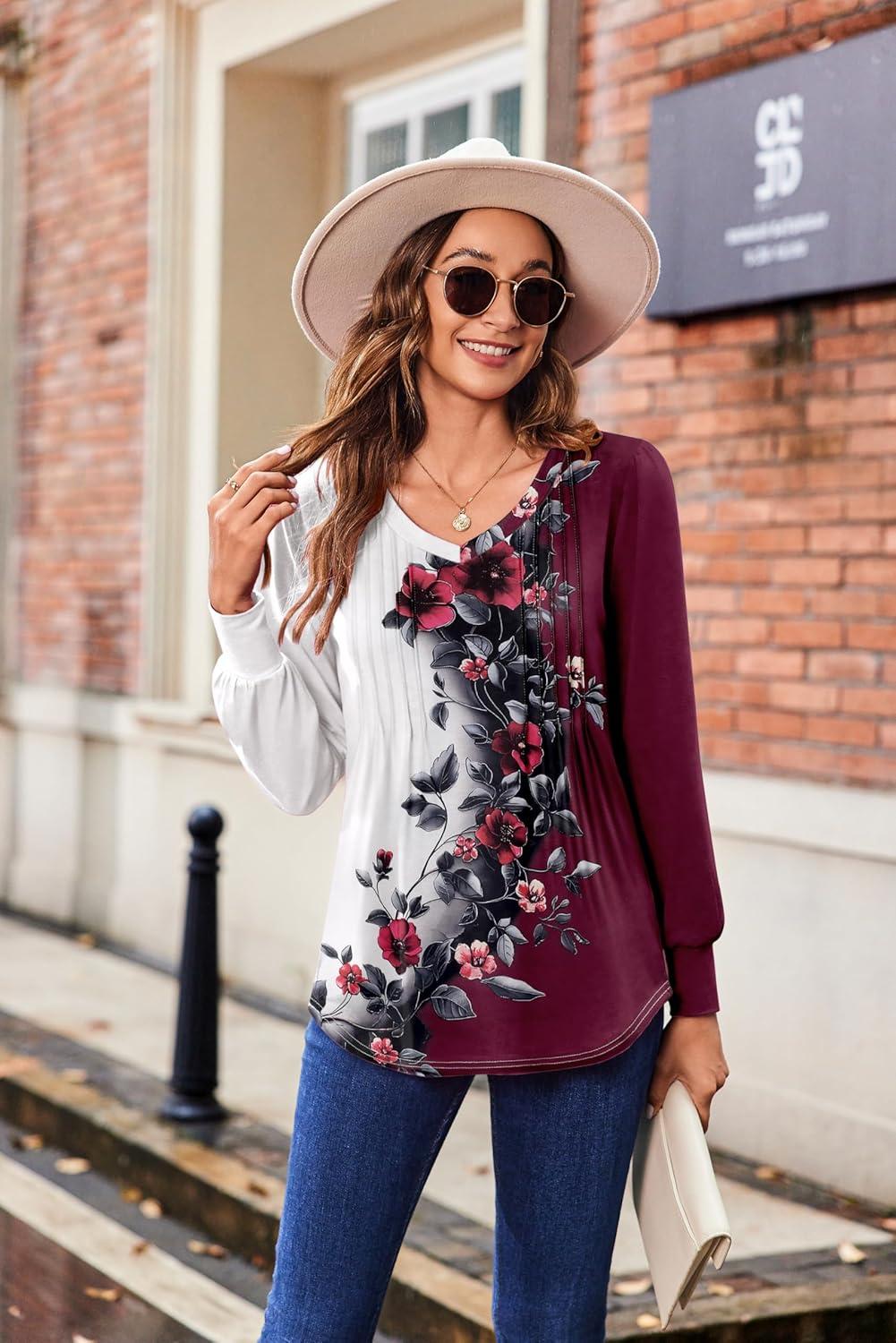 imageZeagoo Womens Puff Long Sleeve Shirts Pleated V Neck Fall Tunic Tops Blouse Dressy Casual Summer TShirtsBf183