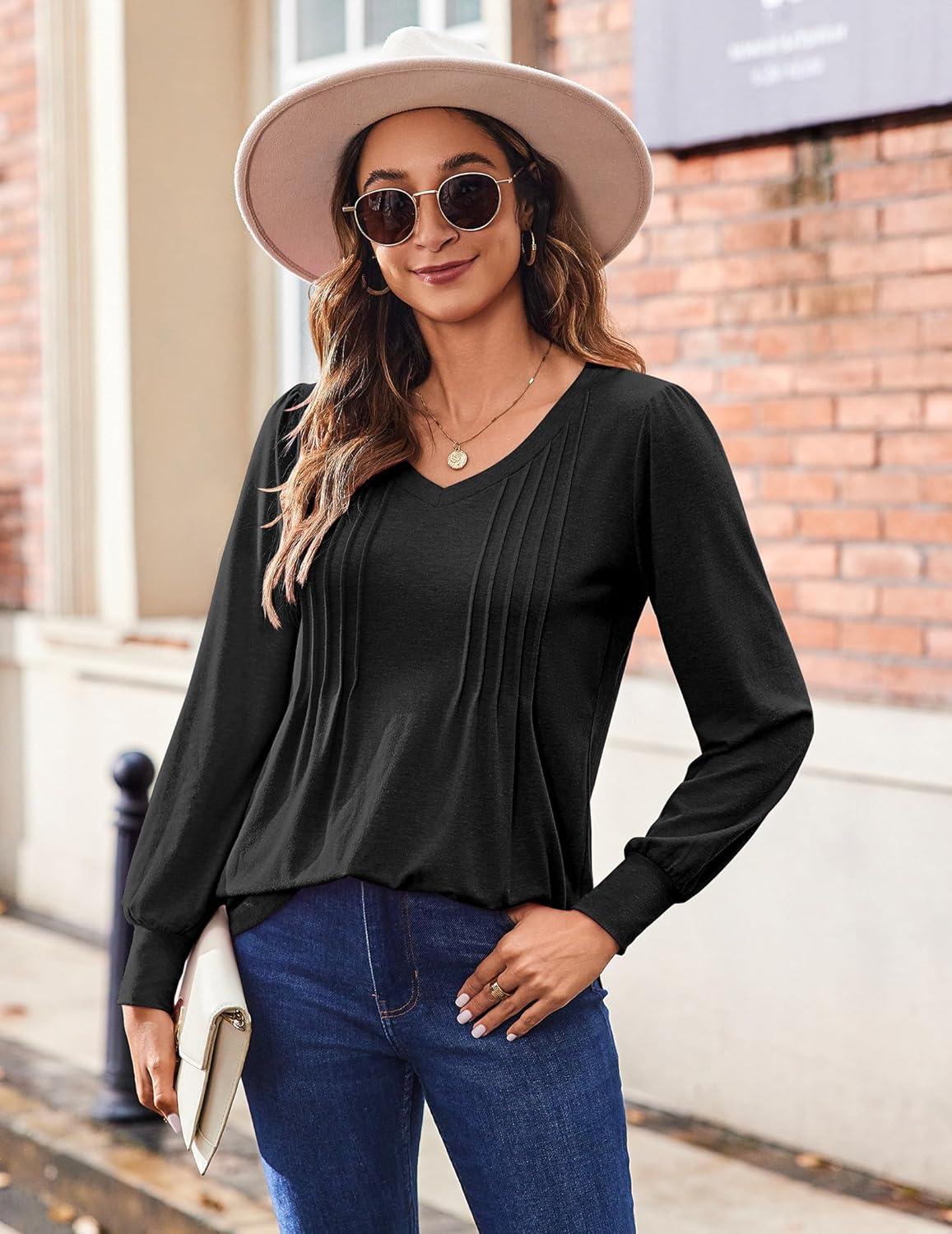 imageZeagoo Womens Puff Long Sleeve Shirts Pleated V Neck Fall Tunic Tops Blouse Dressy Casual Summer TShirtsBlack