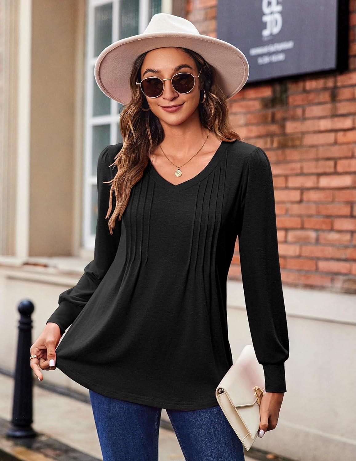 imageZeagoo Womens Puff Long Sleeve Shirts Pleated V Neck Fall Tunic Tops Blouse Dressy Casual Summer TShirtsBlack