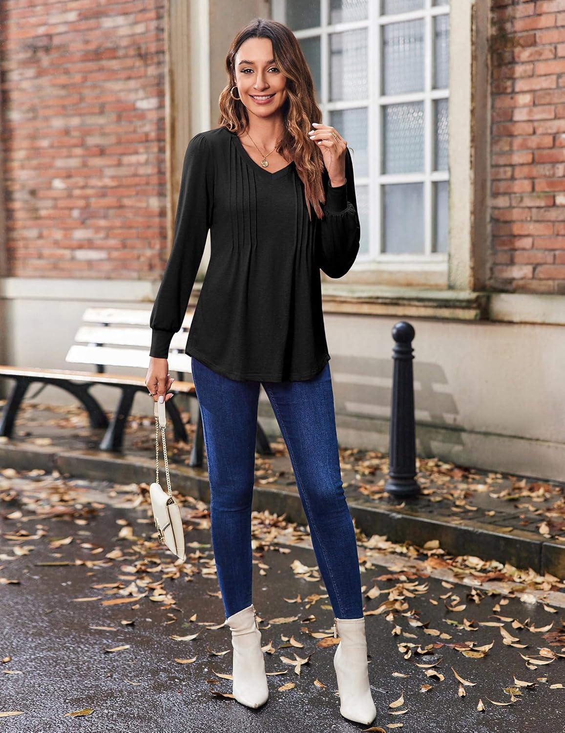 imageZeagoo Womens Puff Long Sleeve Shirts Pleated V Neck Fall Tunic Tops Blouse Dressy Casual Summer TShirtsBlack