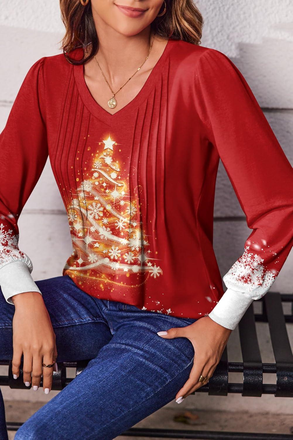 imageZeagoo Womens Puff Long Sleeve Shirts Pleated V Neck Fall Tunic Tops Blouse Dressy Casual Summer TShirtsChristmas Red