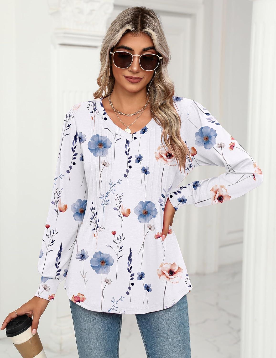 imageZeagoo Womens Puff Long Sleeve Shirts Pleated V Neck Fall Tunic Tops Blouse Dressy Casual Summer TShirtsDh6