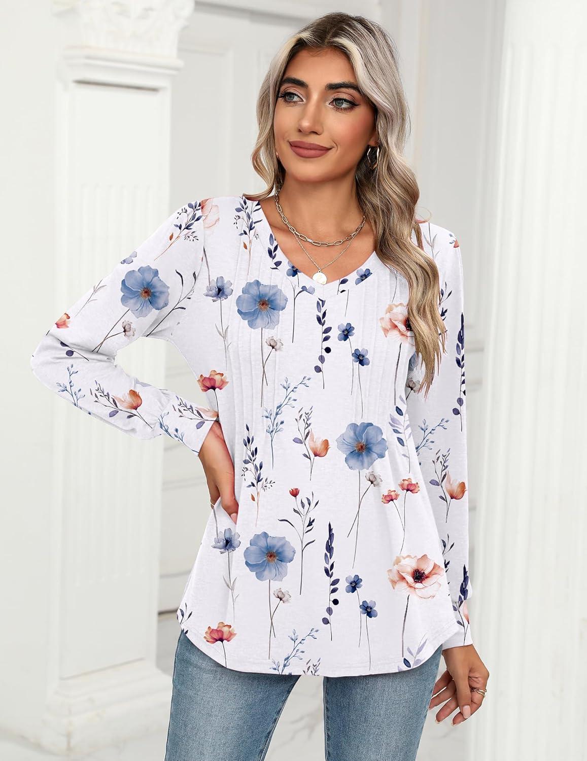imageZeagoo Womens Puff Long Sleeve Shirts Pleated V Neck Fall Tunic Tops Blouse Dressy Casual Summer TShirtsDh6