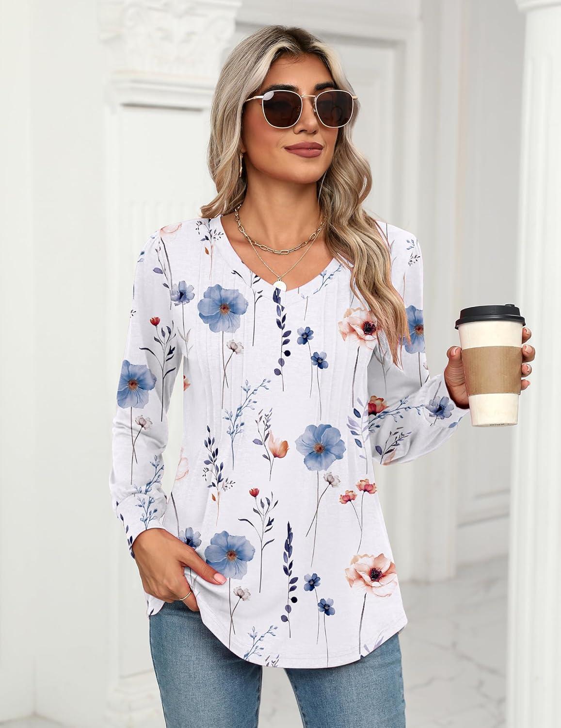 imageZeagoo Womens Puff Long Sleeve Shirts Pleated V Neck Fall Tunic Tops Blouse Dressy Casual Summer TShirtsDh6
