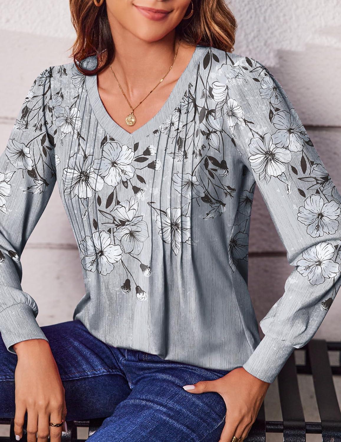 imageZeagoo Womens Puff Long Sleeve Shirts Pleated V Neck Fall Tunic Tops Blouse Dressy Casual Summer TShirtsDh62