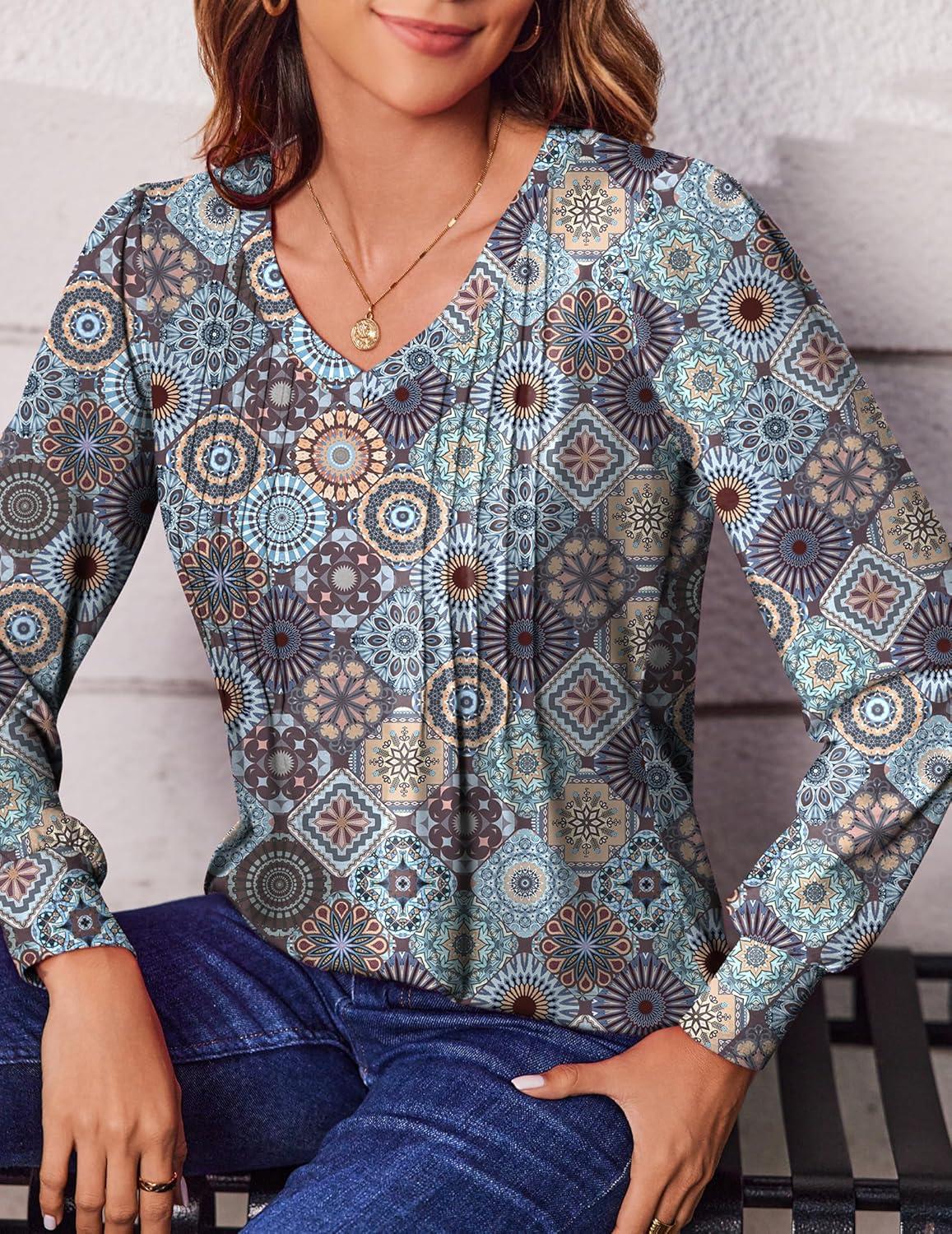 imageZeagoo Womens Puff Long Sleeve Shirts Pleated V Neck Fall Tunic Tops Blouse Dressy Casual Summer TShirtsFloral Blue Purple