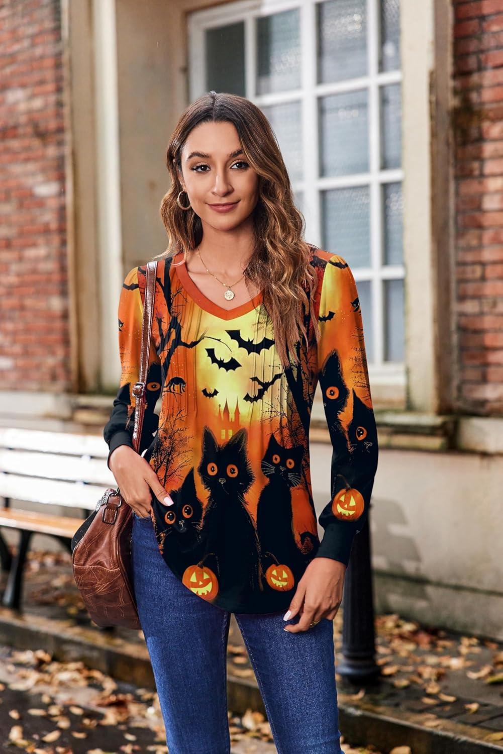 imageZeagoo Womens Puff Long Sleeve Shirts Pleated V Neck Fall Tunic Tops Blouse Dressy Casual Summer TShirtsHalloween Orange Black